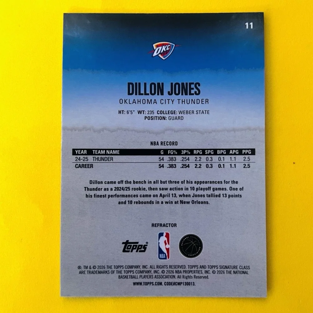 2025-26 Topps Signature Class‎ Dillon Jones Refractor Round 1 Pick 26 #11 RC